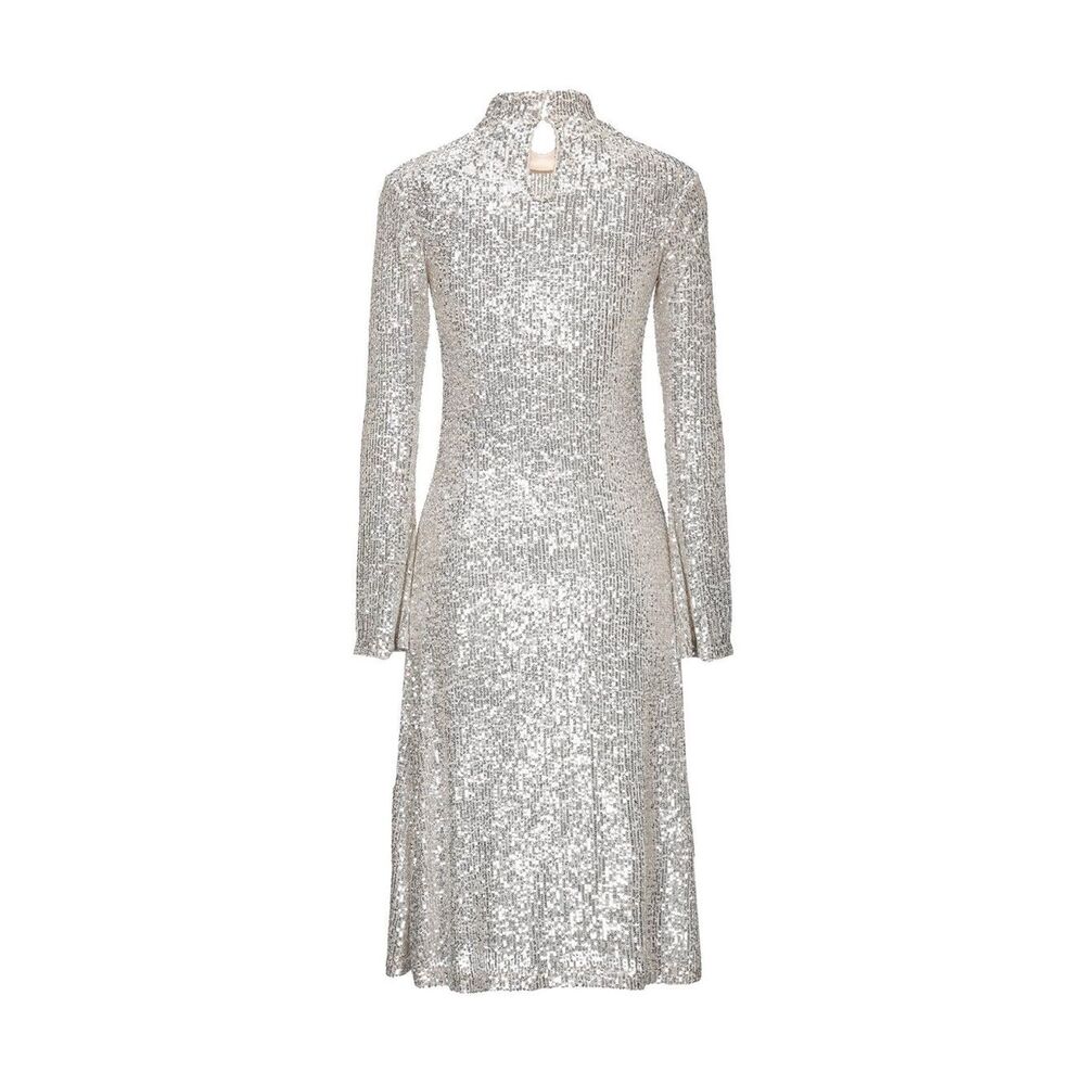 Silver Sequin Long-Sleeve Midi Dress with High Neck
